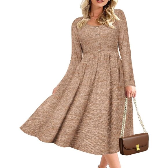 Plus Size Sweater Dress Long Sleeve Henley Crew Neck Knit with Pockets - Picture 1 of 5